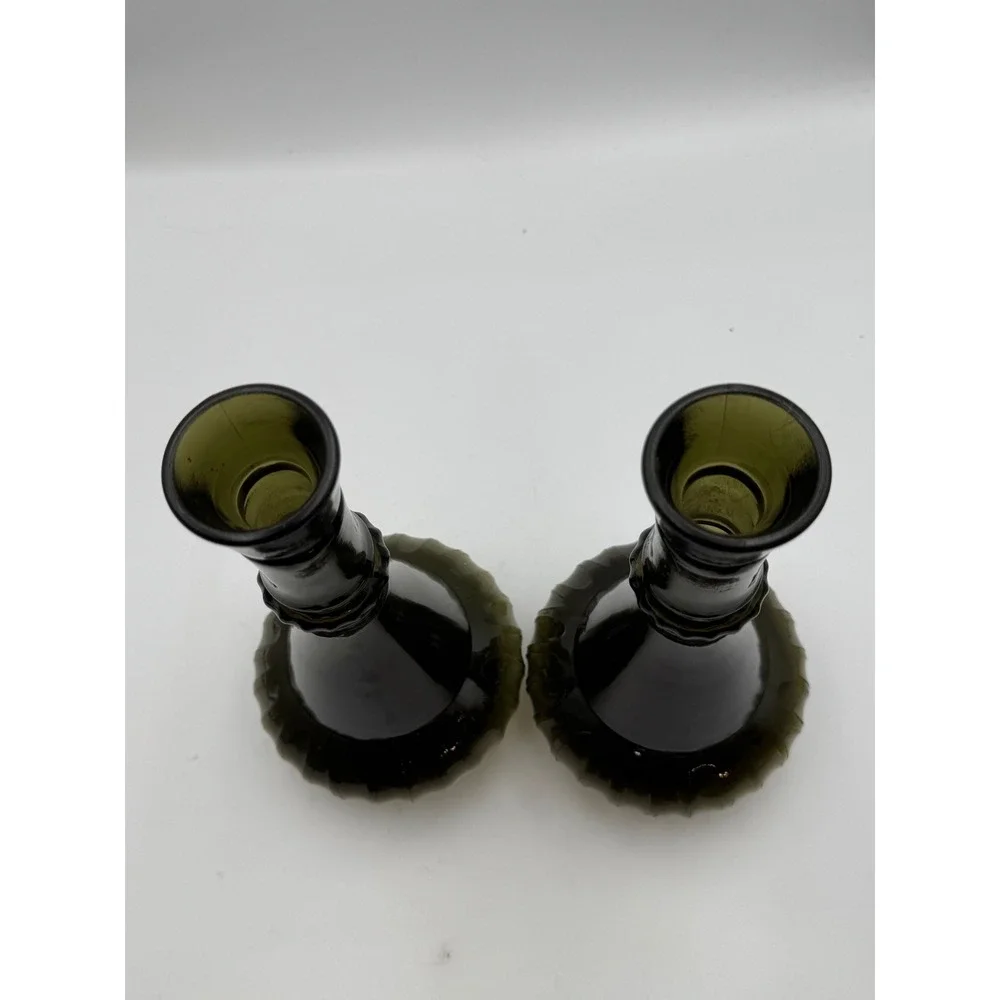 Vintage Olive Green Genie Bottle Decanters Set of 2 Mid Century Glass D-334 1964